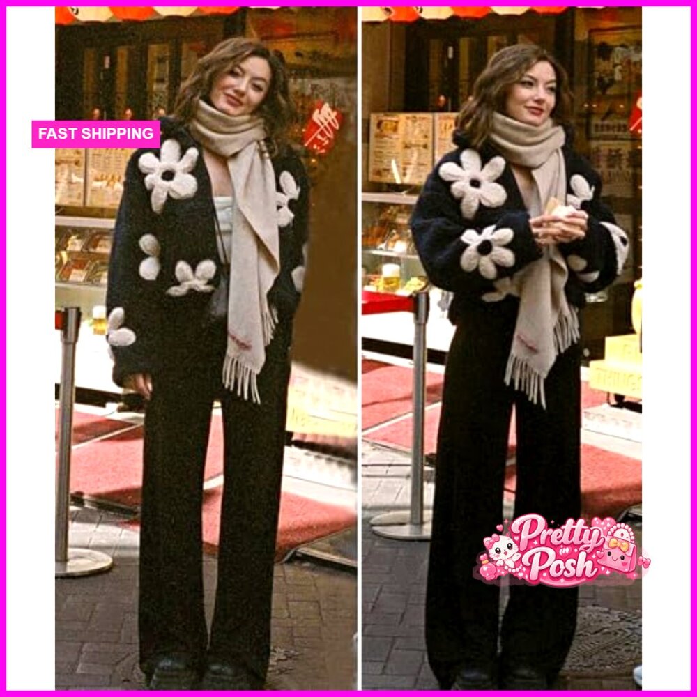 Floral Print Sherpa Fleece Jacket Zipper Cropped Coat Long Sleeve - Picture 3 of 7